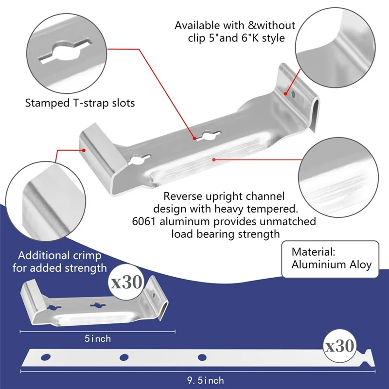 【B6R-Sale】شماعات مزراب من الألومنيوم والفولاذ - 30 مجموعة من مشابك مزراب السقف المصنوعة من الألومنيوم مقاس 5 بوصات مع أشرطة لأنظمة التثبيت بدون أنف