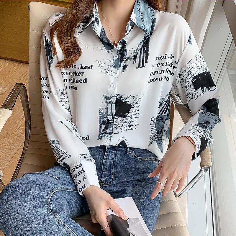 

Korean Style Comfort Casual Long Sleeve Letter Printing Blouse Shirt for Women Office Top Clothing Baju