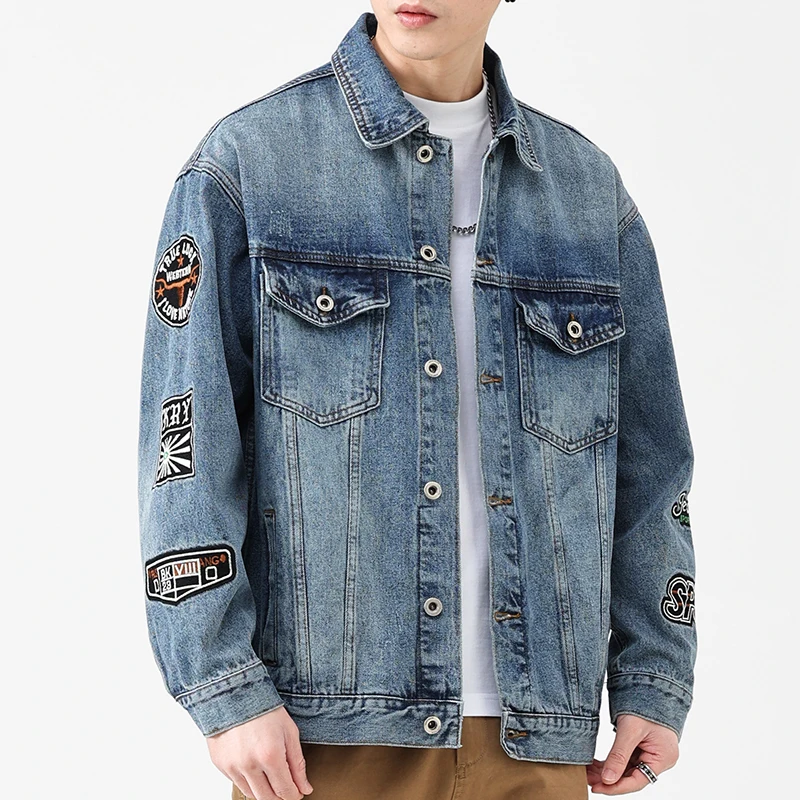 

Retro American Waed Embroidered Denim Jaet Men's Loose Large Size Motorcycle Jaet Spring Autumn Casual Cotton Polyester