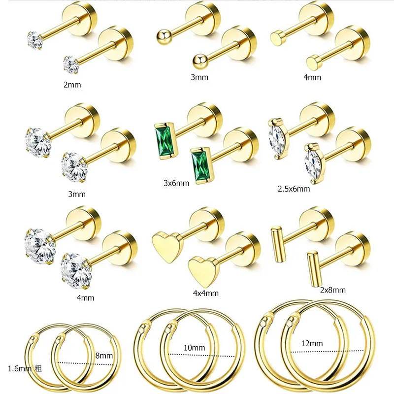 Fashion Earrings Set Crystal green Zircon Cartilage Piercing Women Stainless Steel Spiral Tragus Stud Earring Body Jewelry
