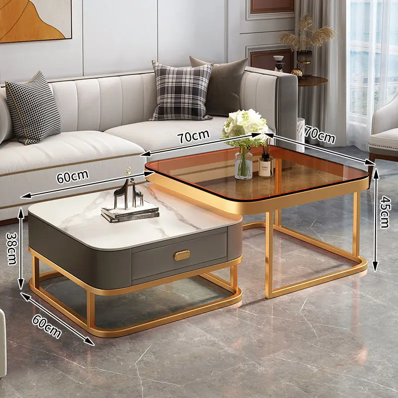 Luxury Living Room Coffee Table Set Large White Gold Panel Drawers Home Decorative Side Table Glass Sintered Stone