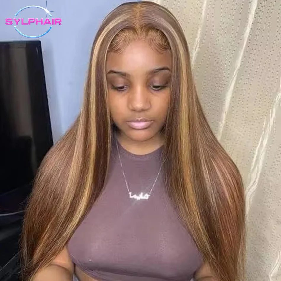 

40Inch Bone Straight Highlight Lace Front Human Hair Ombre 13x4 Lace Frontal Wigs 13x6 Honey Blonde Colored Wigs For Women