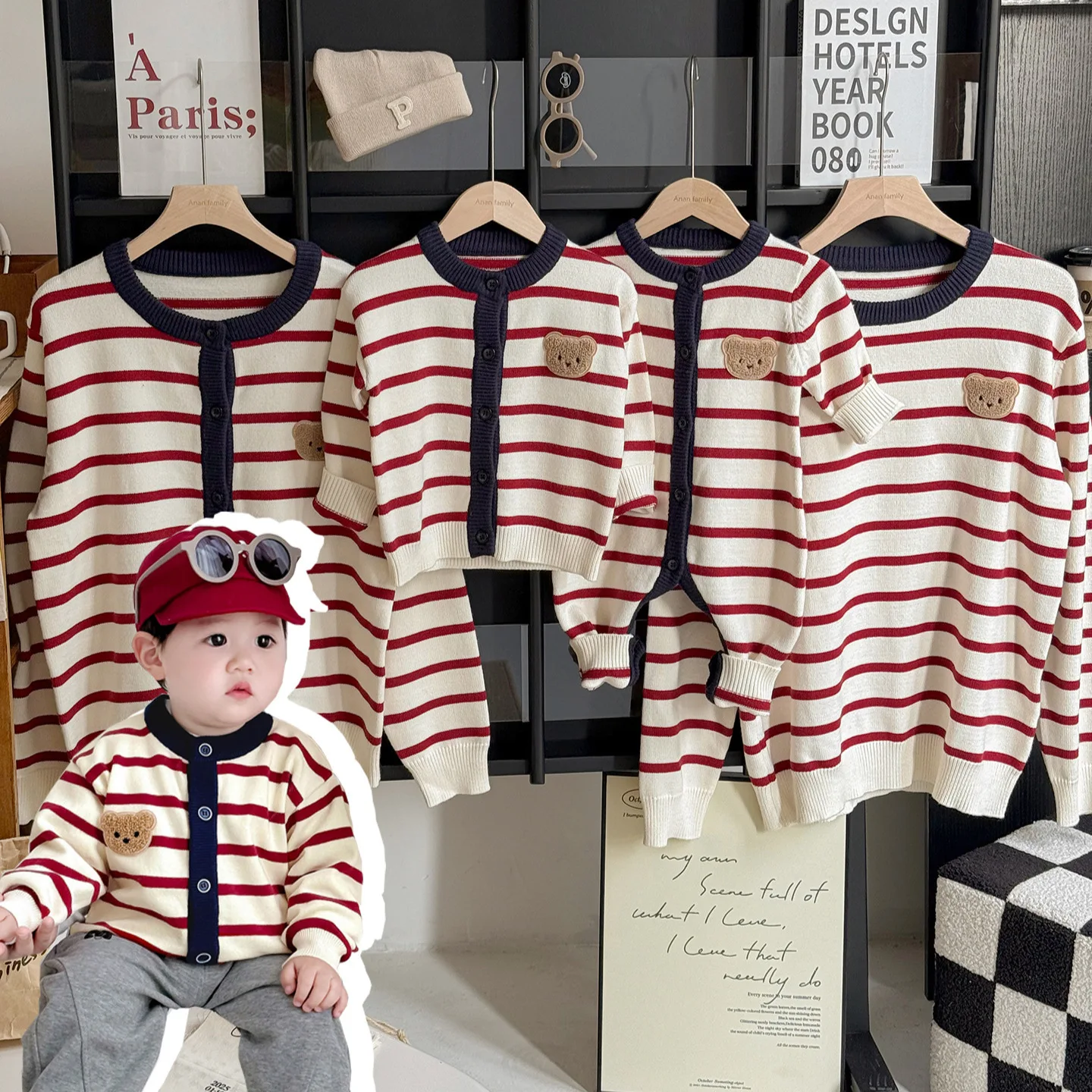 

2025 Autumn Winter Family Matching Knit Cardigan Striped Pattern Casual Wear Toddler Boys Girls Parents Sweater Newborn Romper