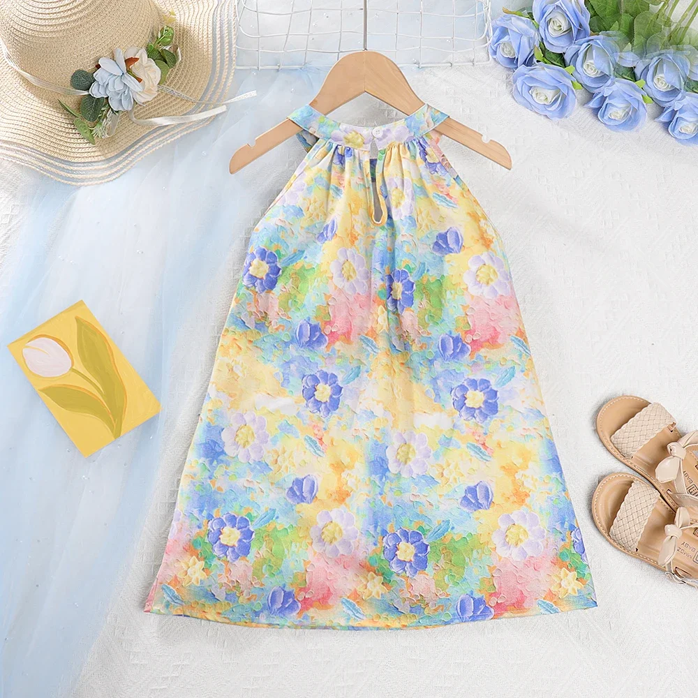Summer Promotion Pink Flower Print Hanging Neck Casual Dress for Girl Daily Wear Korean Version