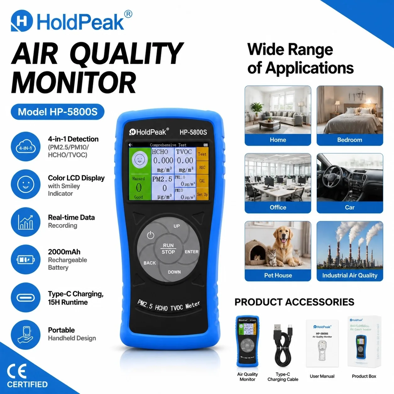 HoldPeak 5800S Air Quality Monitor PM2.5 HCHO TVOC PM10 Detector 2.8" TFT Laser Sensor 2000mAh Data Logger for Home