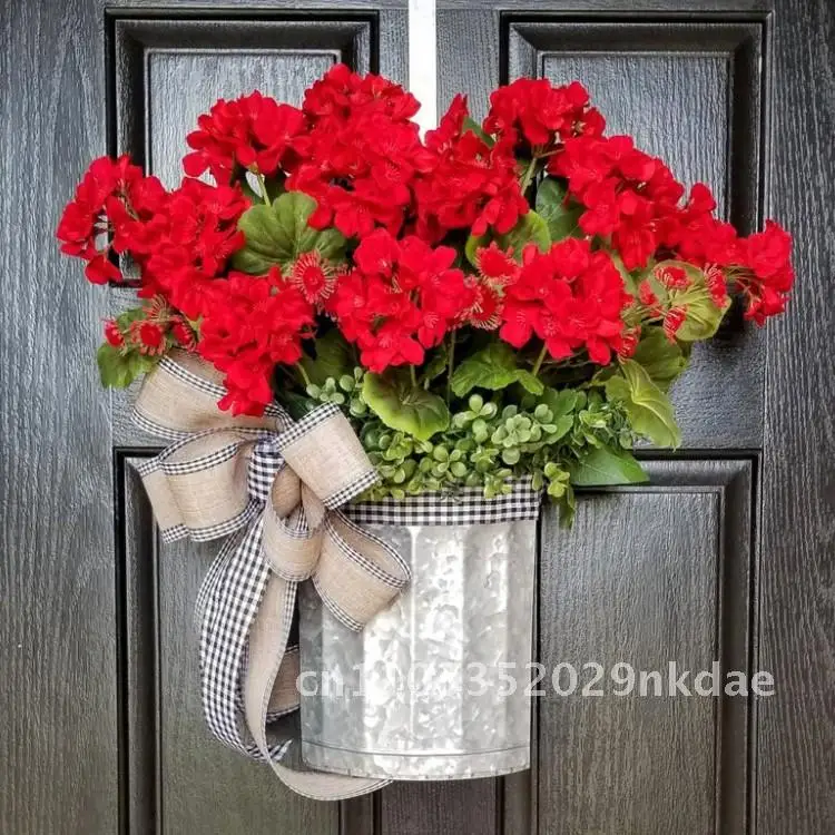 

Christmas basket wreath red geranium wreath bow artificial basket