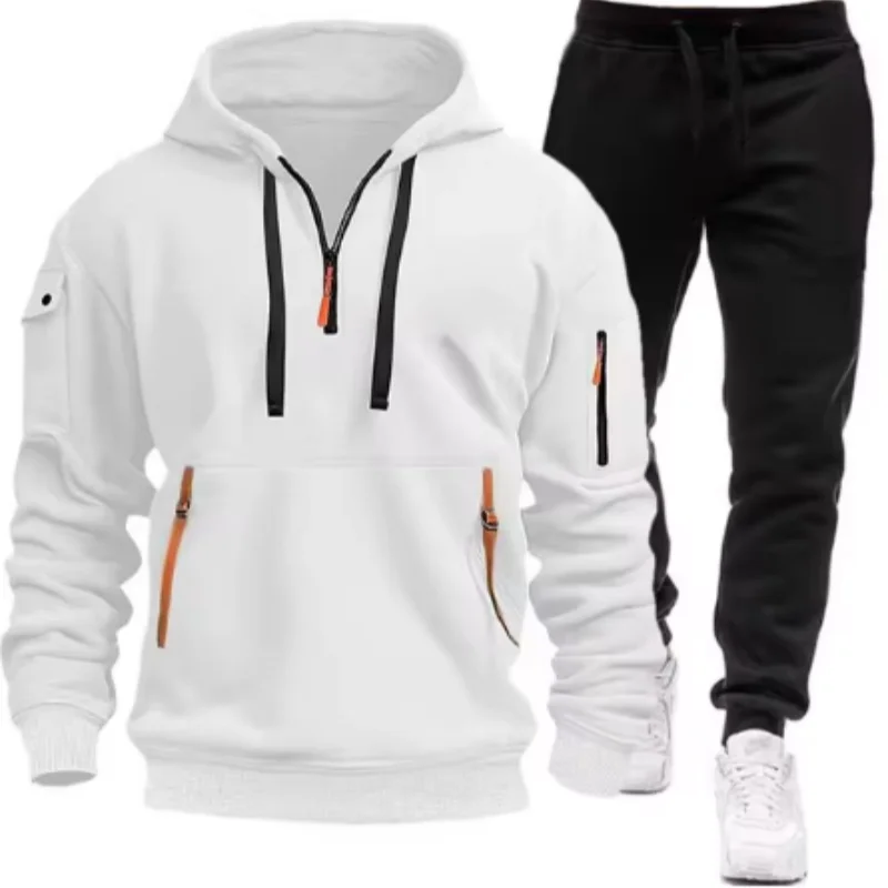 Men\'s Leisure Sports Pullover Multi Zipper Arm Pocket Hoodie Set Autumn/Winter Fashion  Hoodie Men\'s Loose Coat Pants Suit