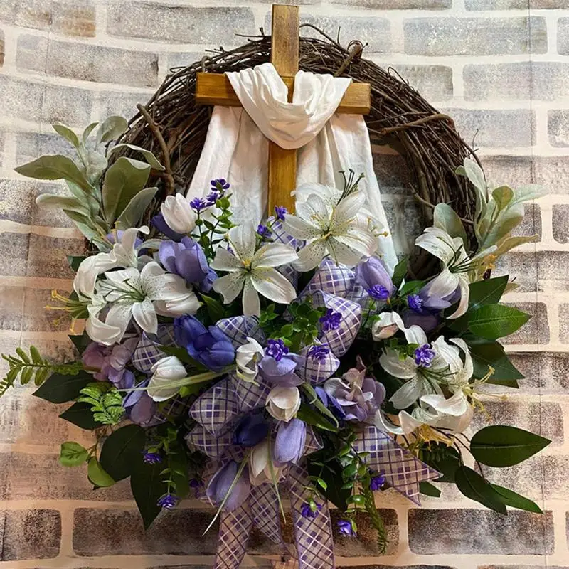 Easter Wreath Cross Artificial Flowers Scarf Wreath For the Front Door Easter Decoration 2024 Indoor Outdoor Ornaments