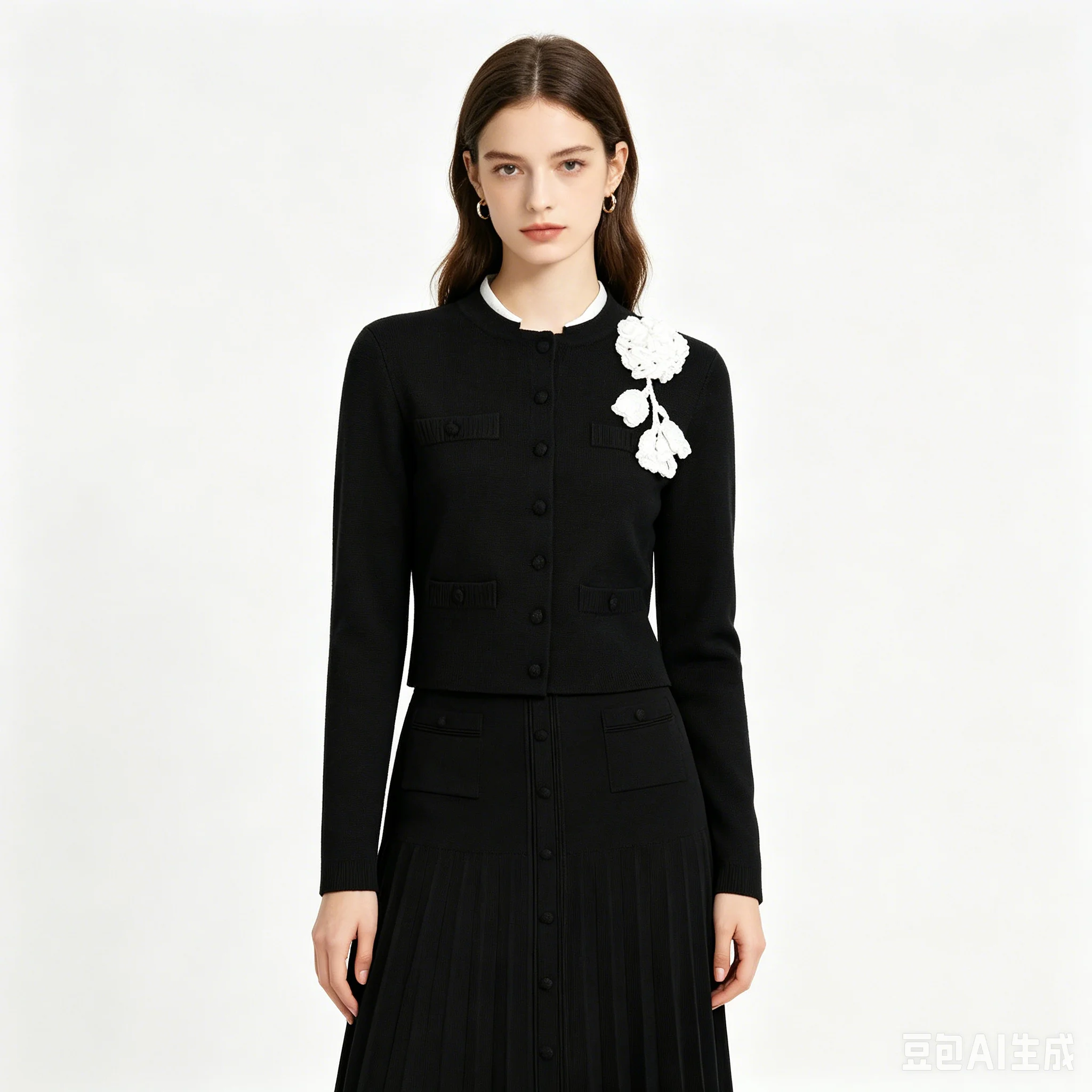 High Quality New Elastic Knitted Three-dimensional Chest Flower Long Sleeved Cardigan+pleated Half Skirt Women's Set