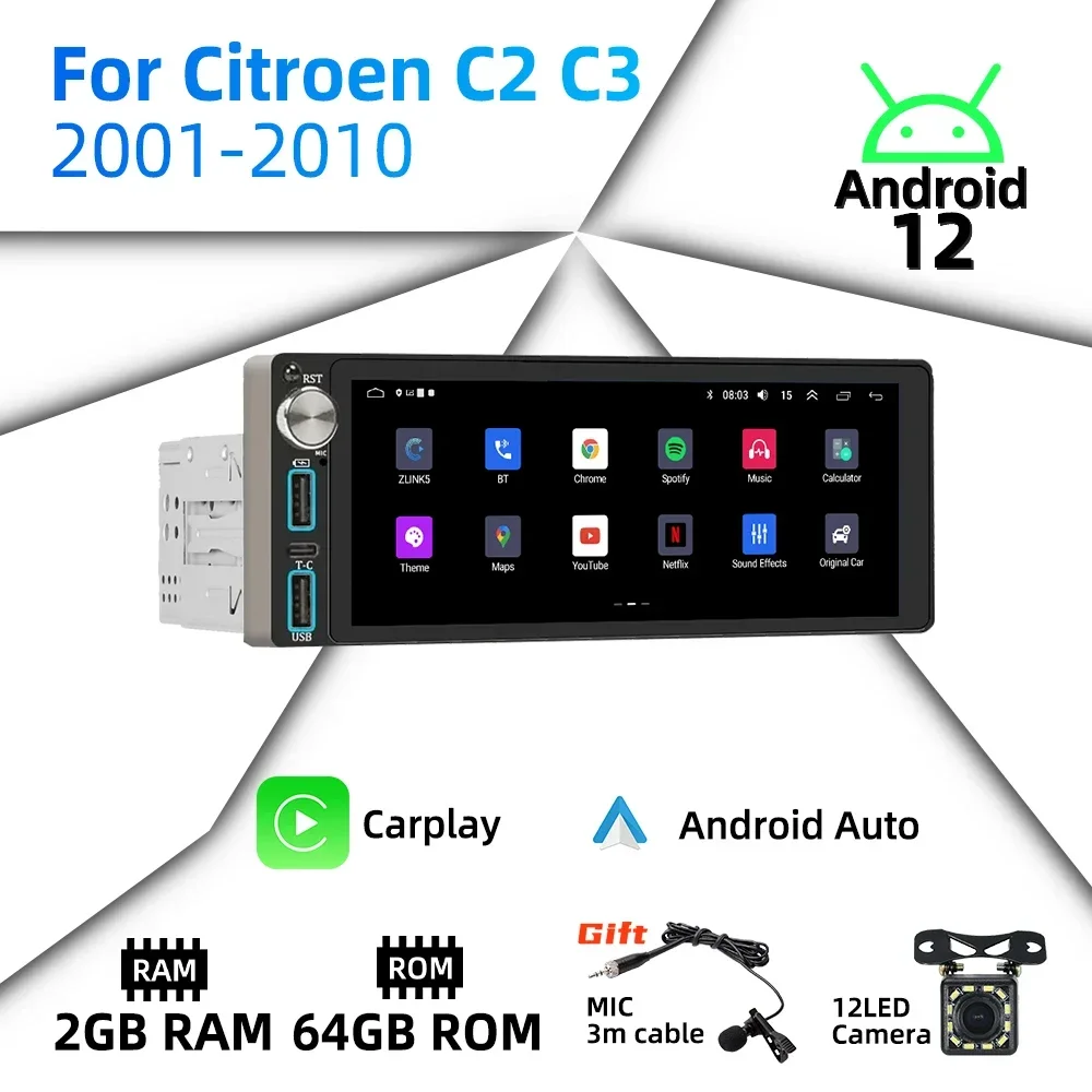 

6,86 "экран Android автомобильный мультимедиа для Citroen C2 C3 2001-2010 1 Din радио стерео головное устройство авторадио Carplay GPS навигация