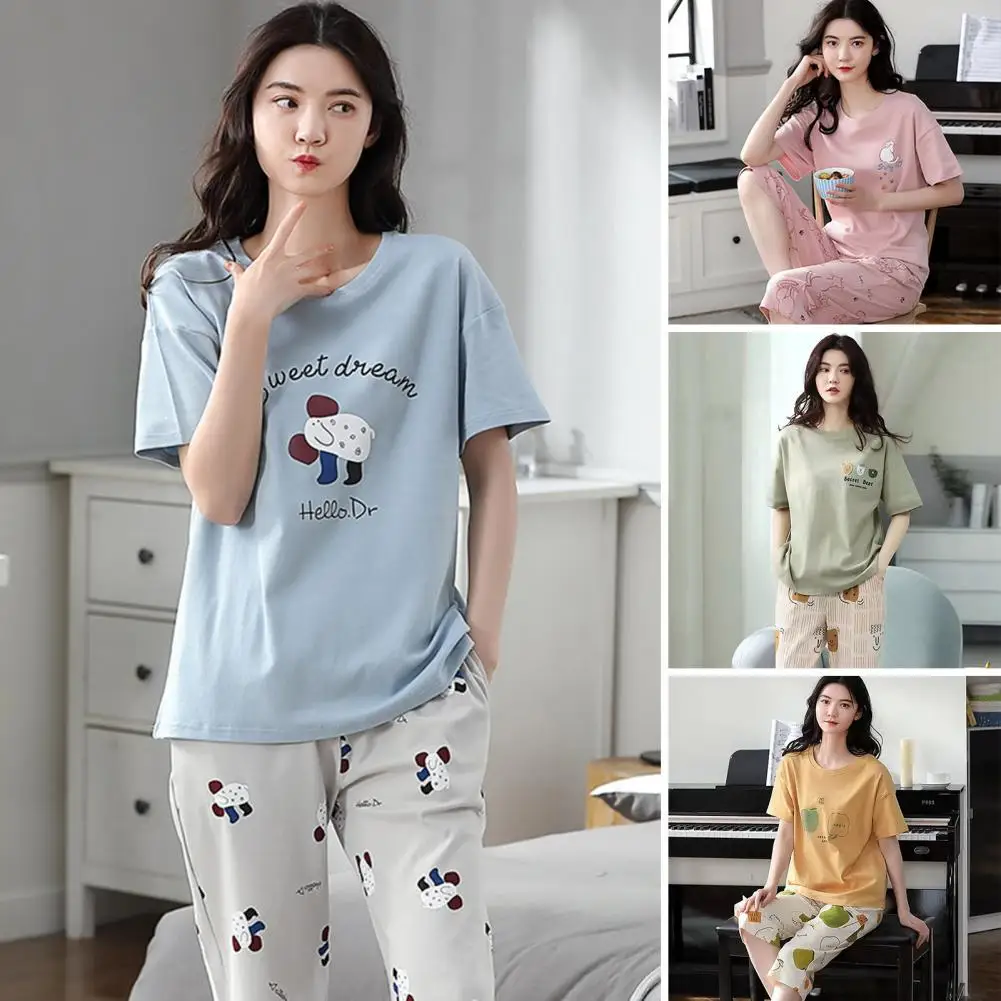 2Pcs/Set Summer Women Lounge Pajama Cartoon Print Short Sleeves O Neck T-shirt Elastic Waist Cropped Pants Trousers Sleepwear