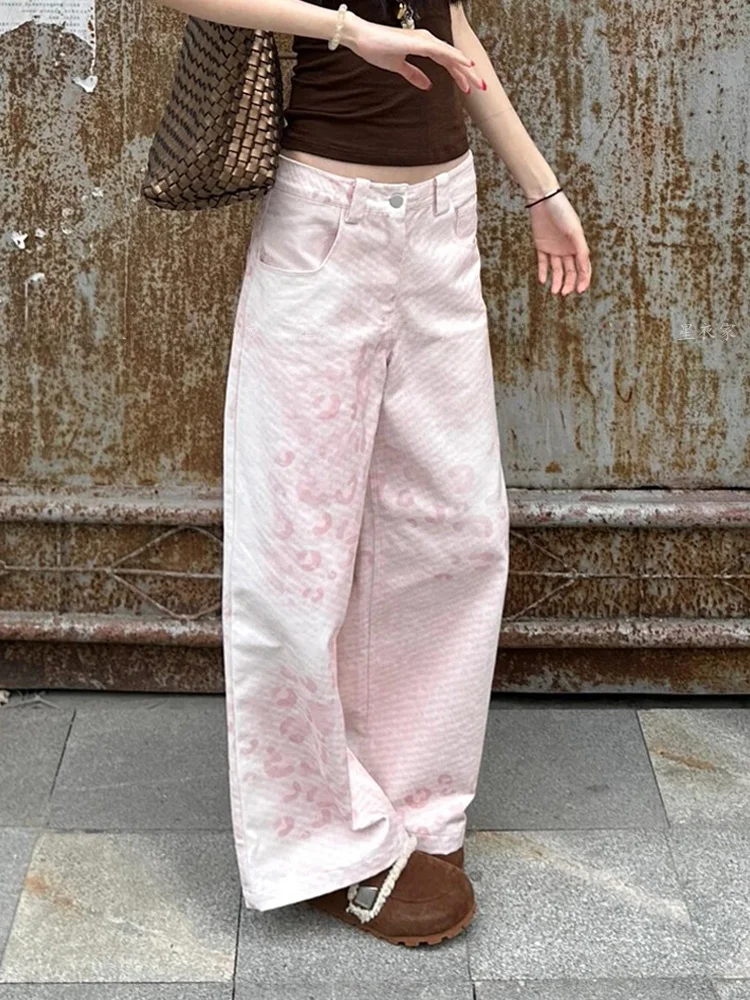 レトロアメリカンピンクヒョウ柄ゴールドエメッドカジュアルパンツ女性のスパイシーデザインワイドレッグフロアレングスパンツ