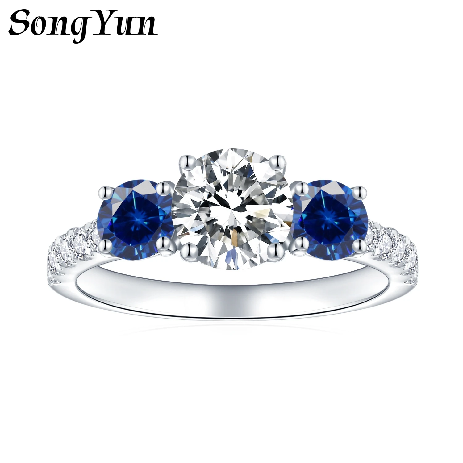 SONGYUN Moissanite Diamond Jewelry Classic Three Stone 6.5mm Round Sapphire Engagement Ring Inlaid Moissanite For Women