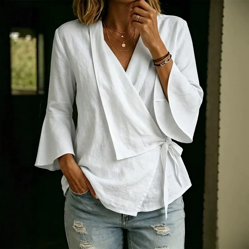 Spring Autumn Artistic Style Exudes Feminine Charm Features  V-neck Seven-inch Flared Irregular Side Tie Loose Commuting Top