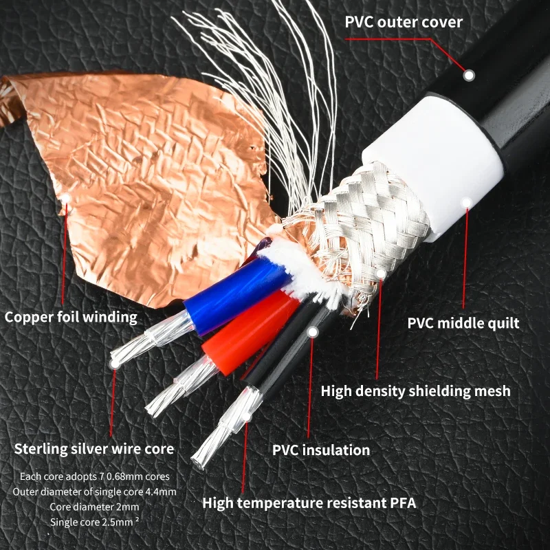 Hi-end czysty srebrny przewód zasilający 3-rdzeniowy * 2,5 mm2 wzmacniacz audio HiFi kabel zasilający AC luzem przedłużacze zasilania