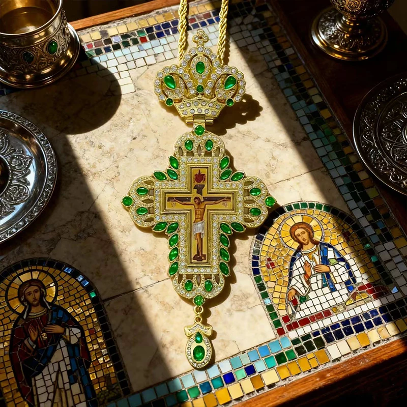Luxuriöse Orthodoxe Brustkreuz-Halskette, Rote Kristallakzente mit Kruzifix-Ikone, Hochwertiger Liturgischer Schmuck für Kirchliche Sakramente – Detail 13