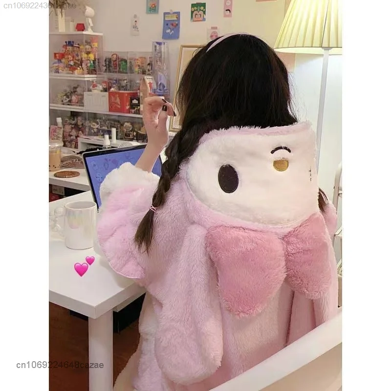 Sanrio Melody Plush Robes Y2k Cartoon Soft Pink Nightgown Hooded Women Cardigan Fluffy Long Pajamas Female Kawaii Home Clothes