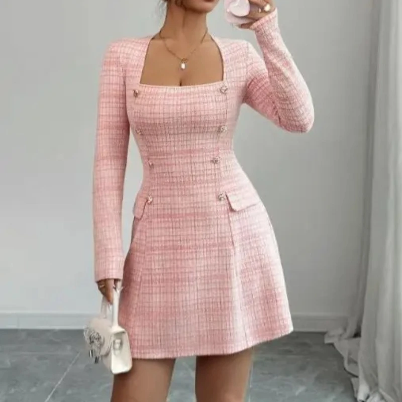 

Модное женское платье трапециевидной формы с длинными рукавами и квадратным вырезом, новые однотонные мини-платья в сетку, женские вечерние платья