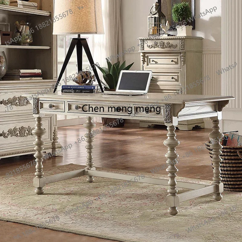 American French White Distressed Vintage Desk Solid Wood Carved Roman Columns Inline Study Desk