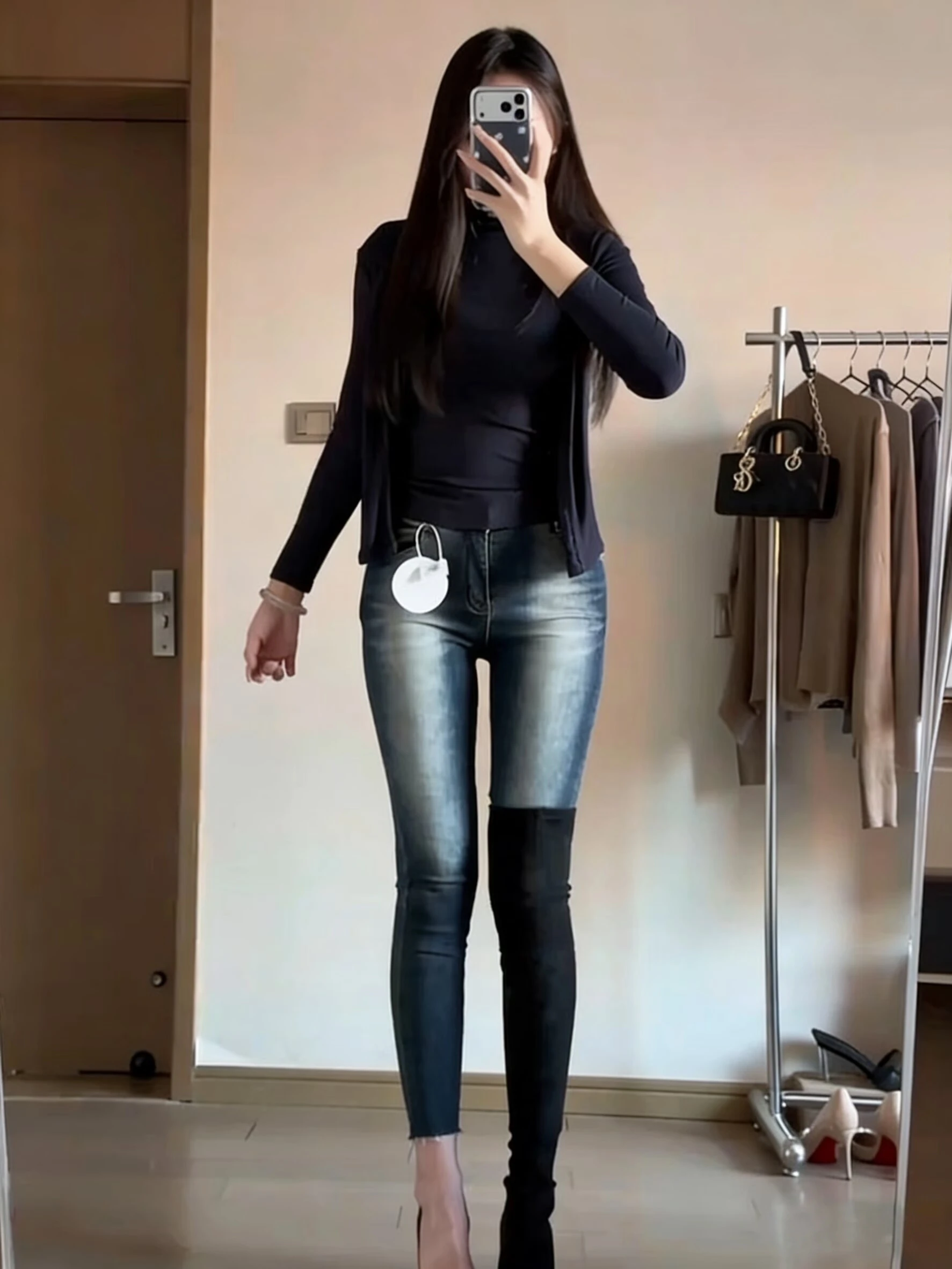 

Retro High Waist Skinny Jeans Women's Autumn Tight Slimming Design Beautiful Nine Point Denim Pants Cotton Elastic Fabric