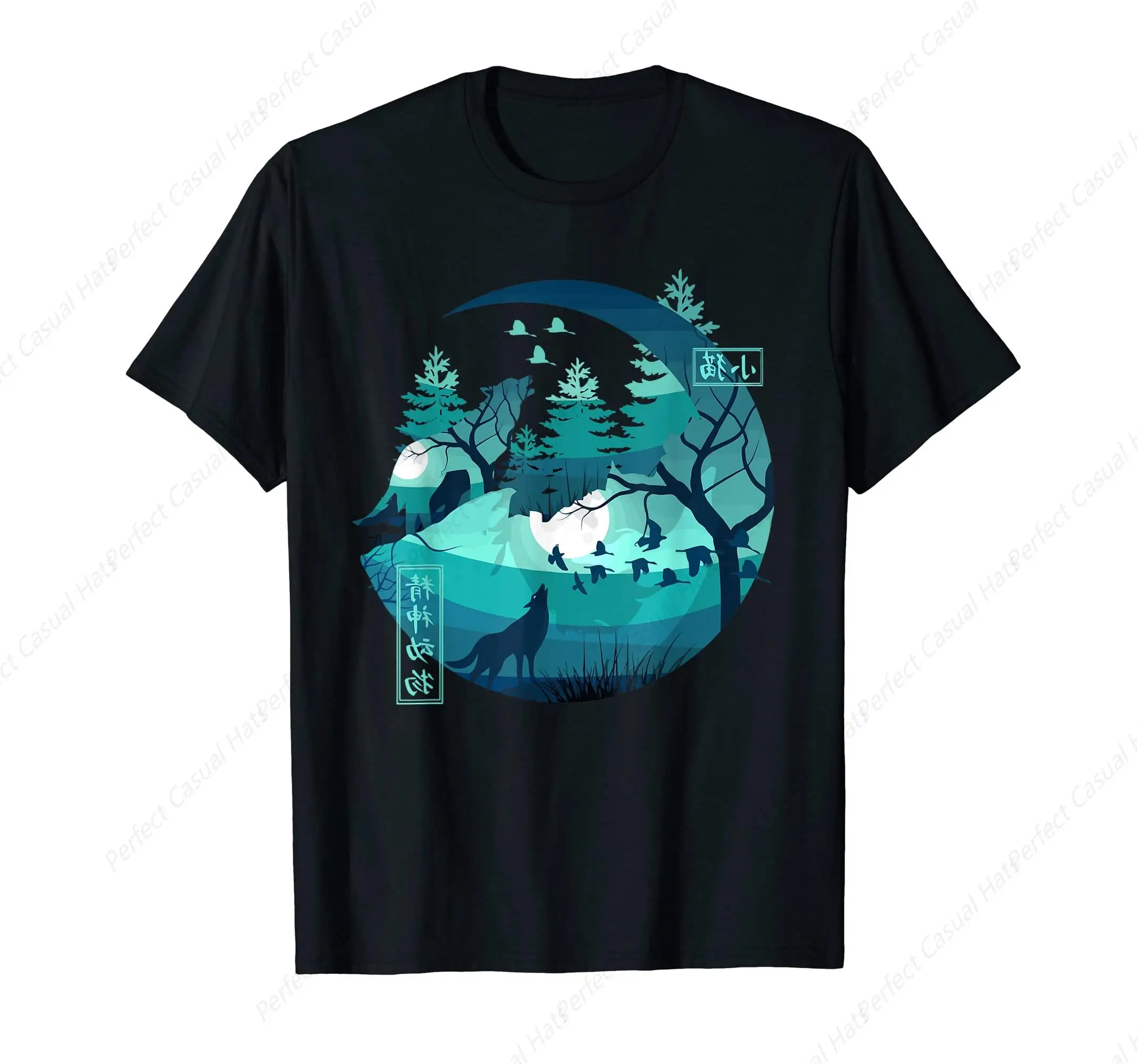 Vintage Fox Moon Landscape Retro 80s Japan Anime Japanese Art T-Shirt Leisure Cotton O-Neck Tee Unisex