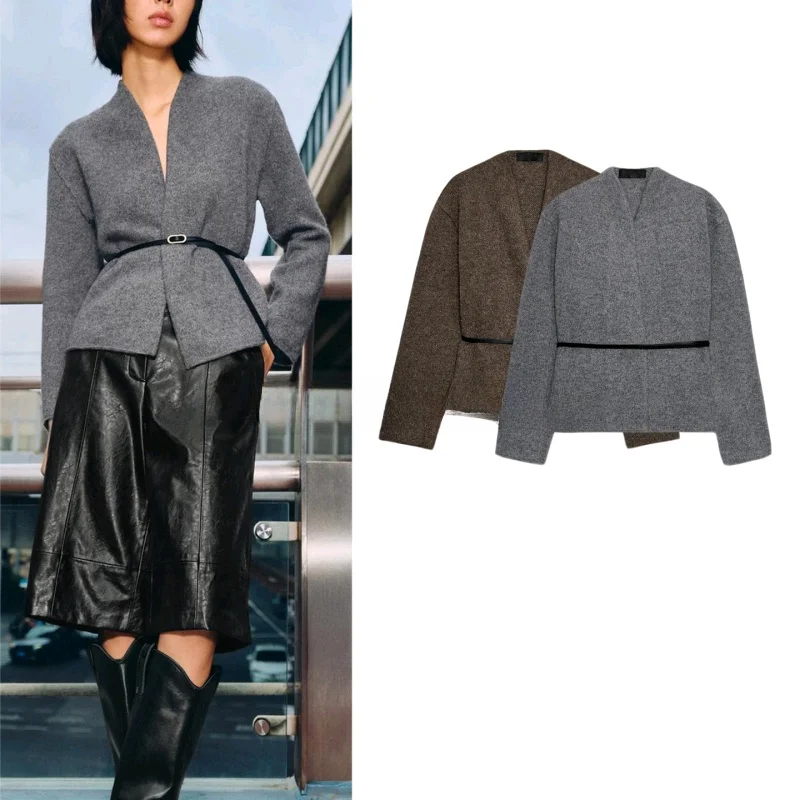 

Winter New Women's Design Short Sleeve Long V-neck Belted Coat French Style Polyester Fiber Ladies Fashion Winter Outerwear