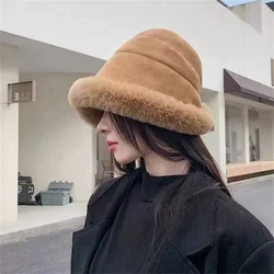 Fluffy Bucket Hat Women Winter Warm Thicken Cold Protection Fisherman Cap High Quality Plush Solid Color Casual  Panama Hat