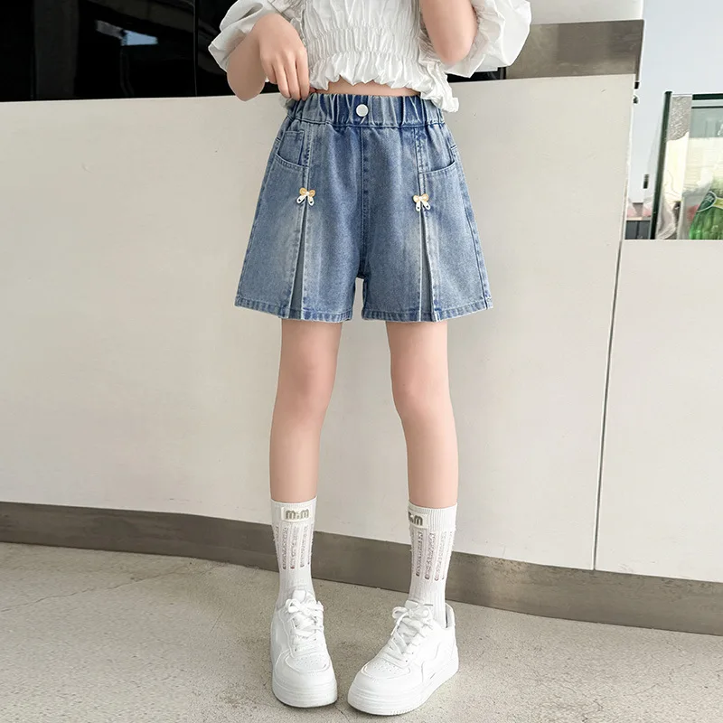 New Fashion Summer Girls Shorts Jeans Bow Decoration Denim Pants For 4-14 Years Teen Kids Children Outdoor Short Trousers