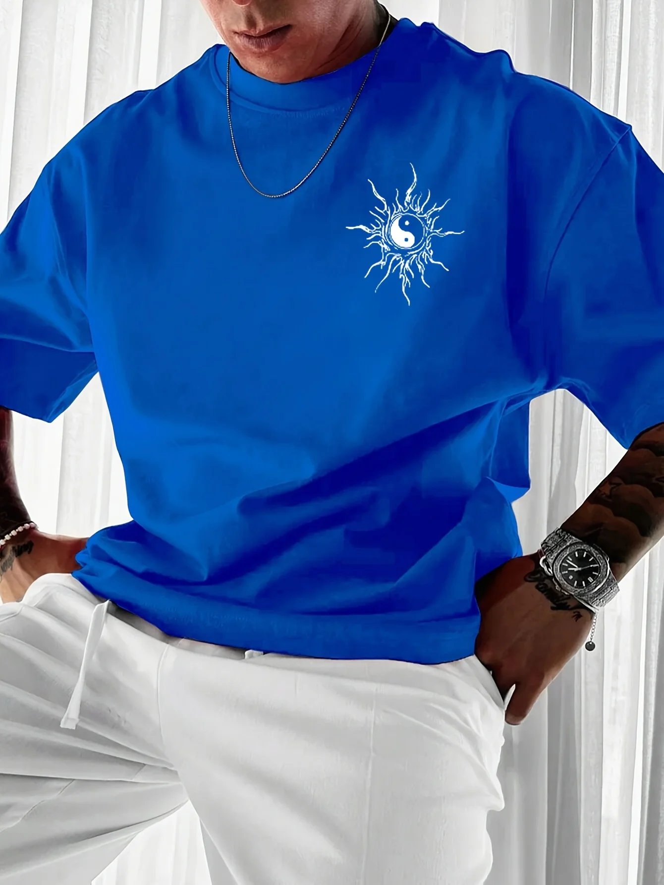 

Harajuku Mens Blue T Shirt Korean Style Yin Yang Sun Graphic Tee Minimalist Streetwear Aesthetic Zen Vintage Urban Fashion Top