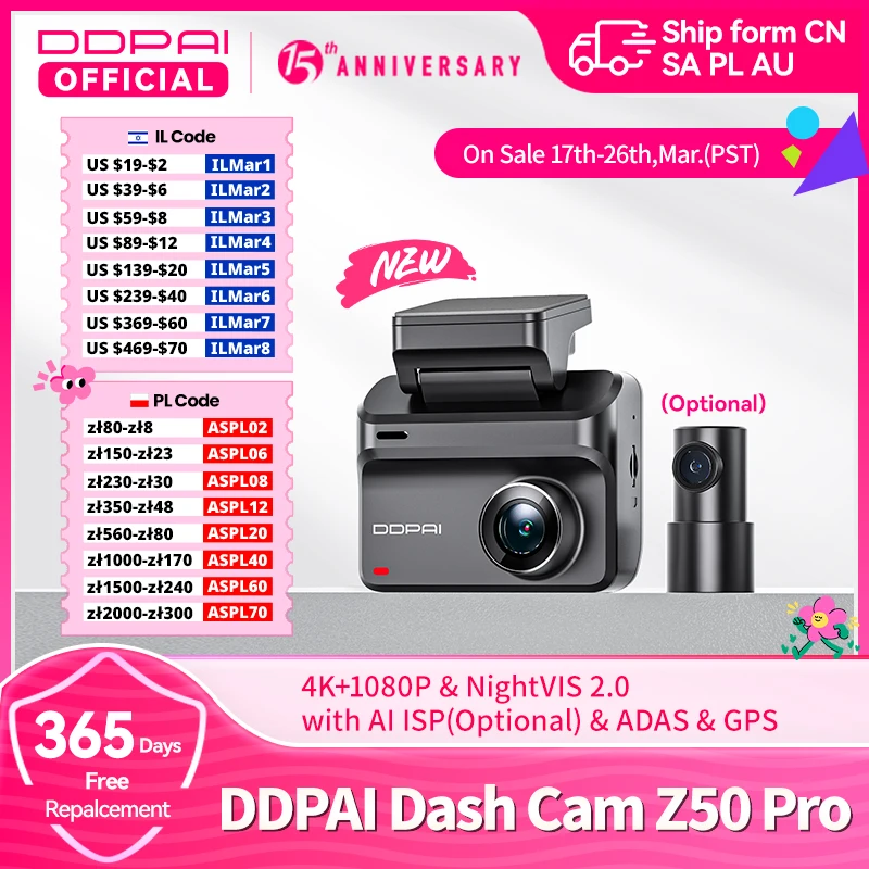 2025 New DDPAI Dash Cam Z50 Pro 4K Car DVR Night Vision Voice Control 5GHz Wi-Fi GPS ADAS 24h Parking mode Front and Rear Camera