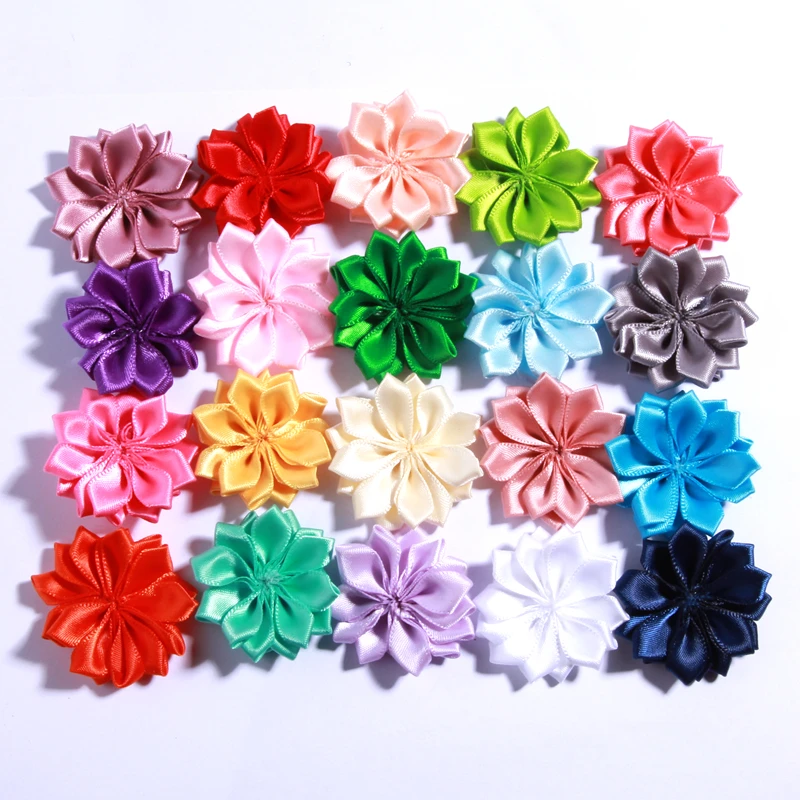 20PCS 4CM Mini Satin Ribbon Solid Flower For Hair Accessories Multilayer Star Shaped Silk Fabric Flowers For Girl Headband