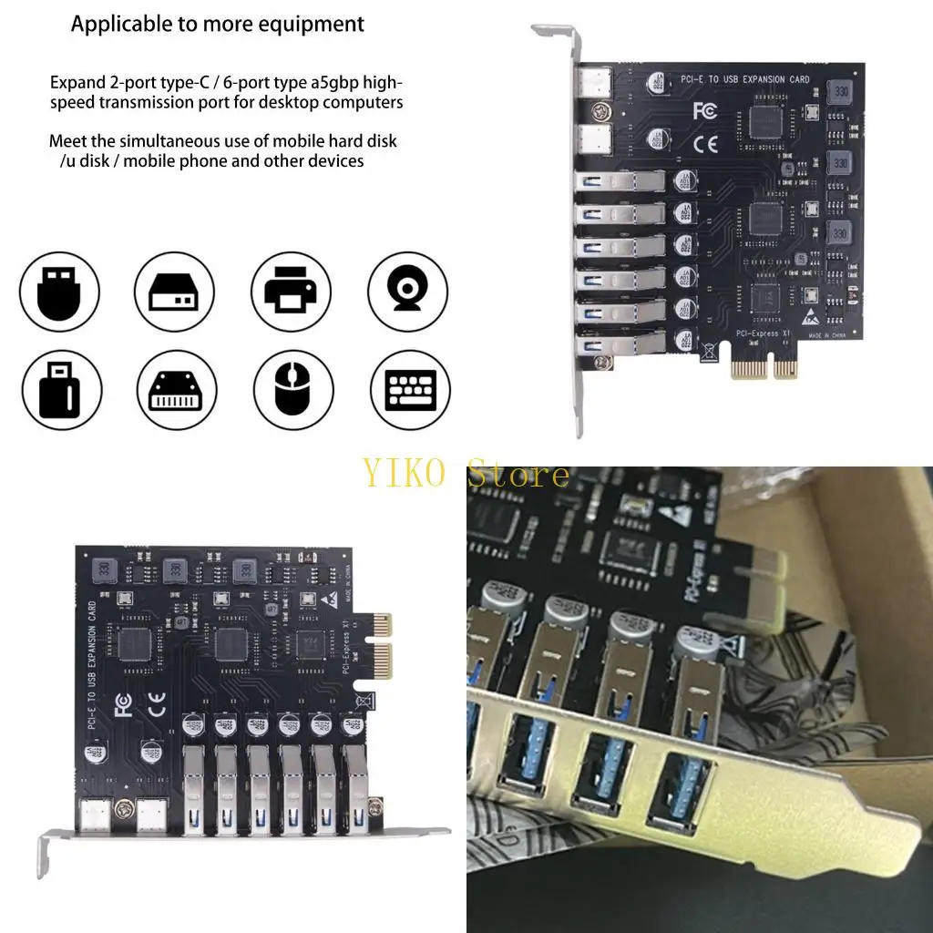

K32C 8-port PCI-E USB Riser Card PCIe Converter PCI-E to USB 3.2 Expansion Card PCI-Express Slot X16 for Windows 7/8/10