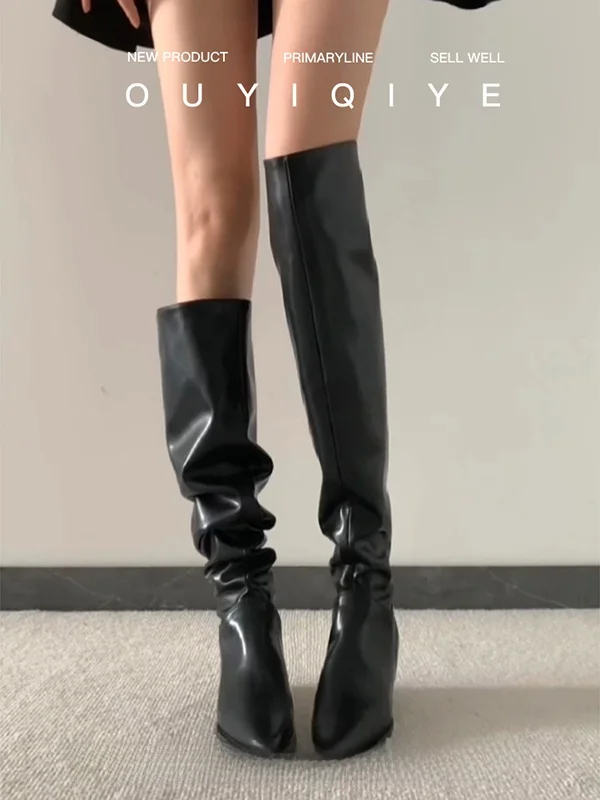 

Foldable Two-Way Wear Long Tube Boots Over-Knee Women's Chunky Heel Pointed Toe Boots Knee-High Vintage Knight Boots
