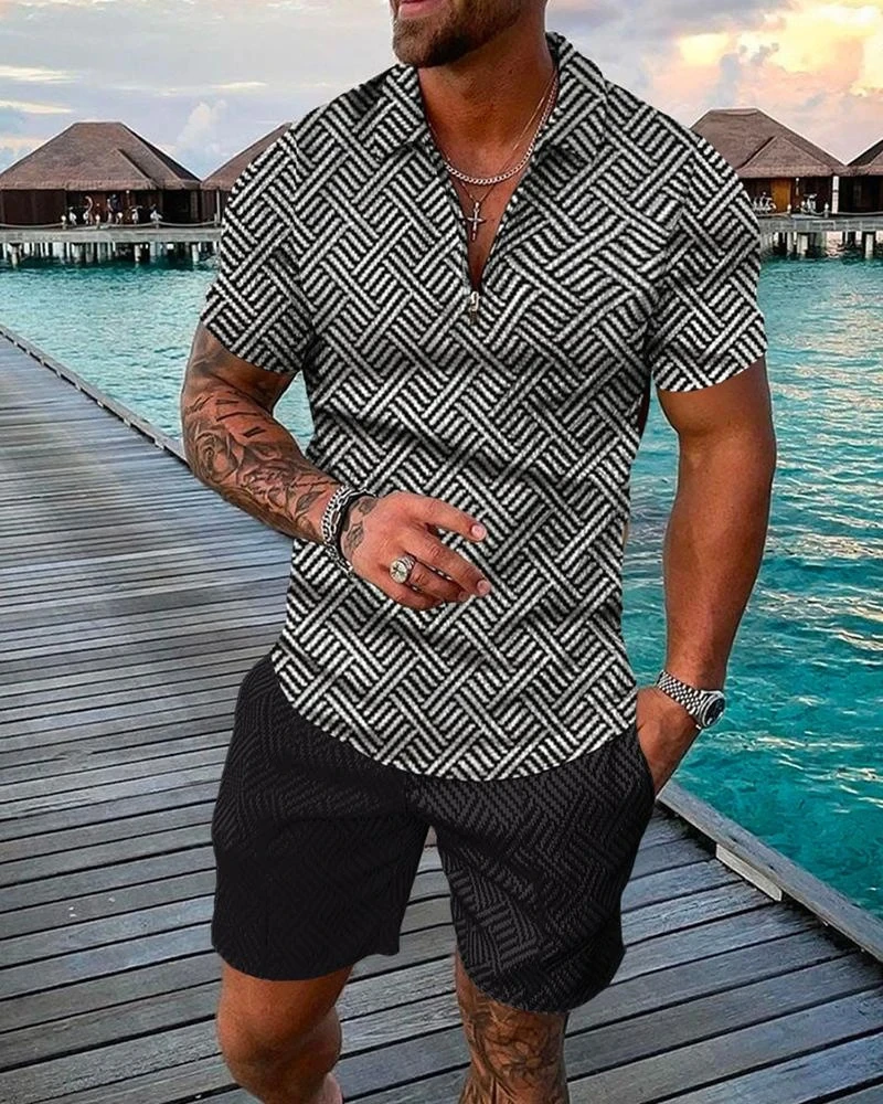 Summer Luxury Pattern 3D Print Men\'s Tracksuit Set Casual Zipper Polo Shirt And Shorts 2pcs Sets Fashion Streetwear Man Clothing