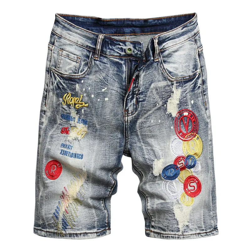 

Men's Fashion Ripped Short Jeans With Embroidered Patches Hi Street Destroyed Vintage Denim Shorts Washed Blue