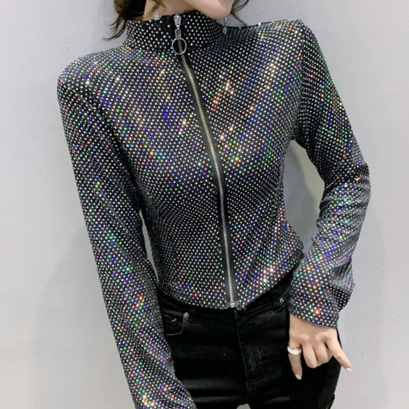 Niche Jackets for Women Spring Autumn Long Sleeve Skinny Sexy Girls High Street Bling All-match Female Zipper Diamond Glitter