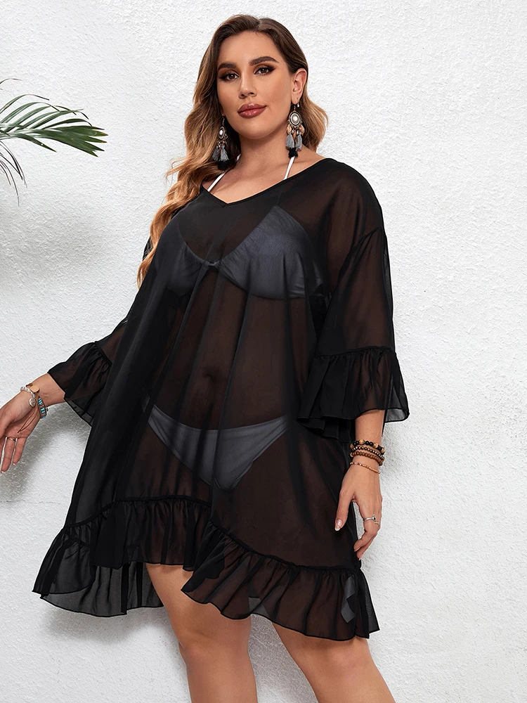 Plus Size Women’S Bathing Suit Cover Up For Beach Swimwear Blouse Ruffled Cover-Up Dress Summer Swim Beach Wear Bathing Suits image 4