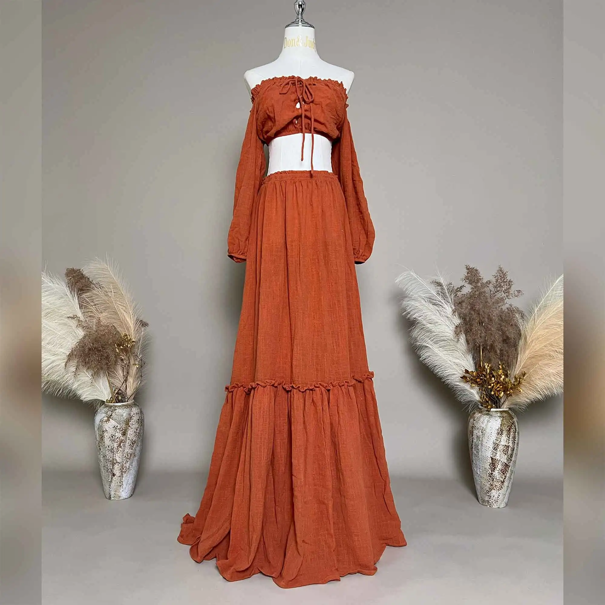 Don&Judy Boho Chic Maternity Maxi Dress Off-Shoulder Crop Top with Tie Front Long Sleeve Tiered Ruffle Skirt Flowy Casual Gown