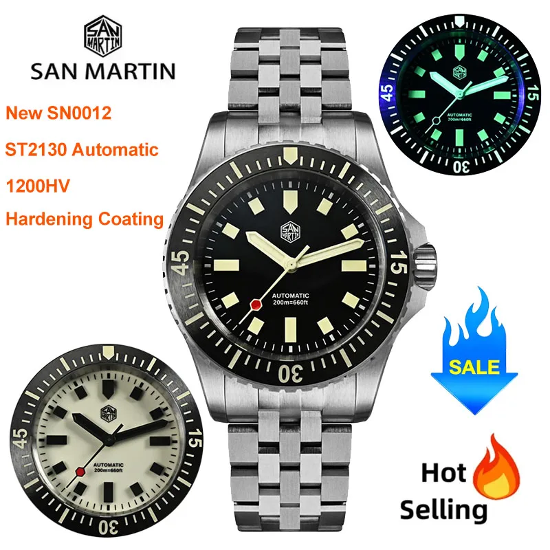 San Martin SN0012 Men Diver Watch 1200HV Hardening Coating Full Luminous Dial ST2130 Automatic Mechanical Watch 200M Waterproof