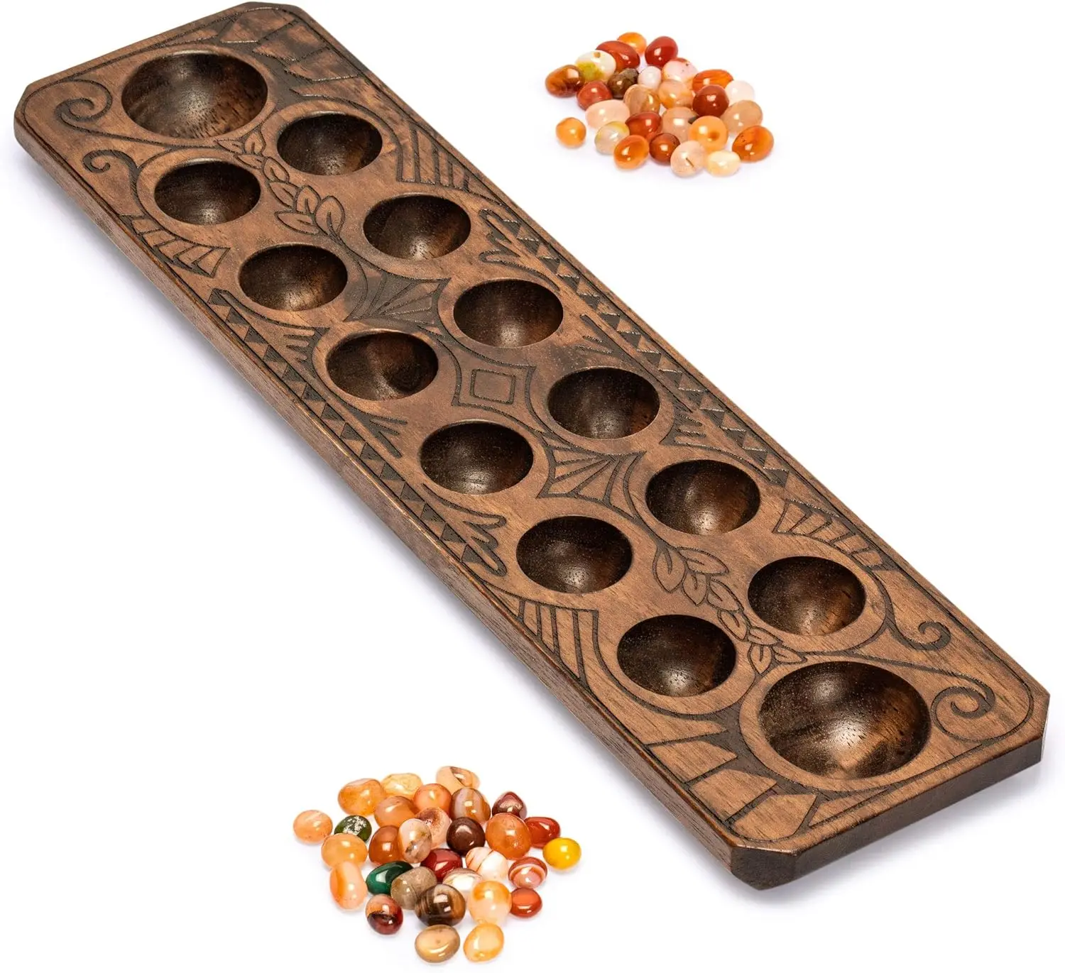 

Mancala Set with 17.3-Inch Solid Wood Board and Quartz Pebble Playing Pieces