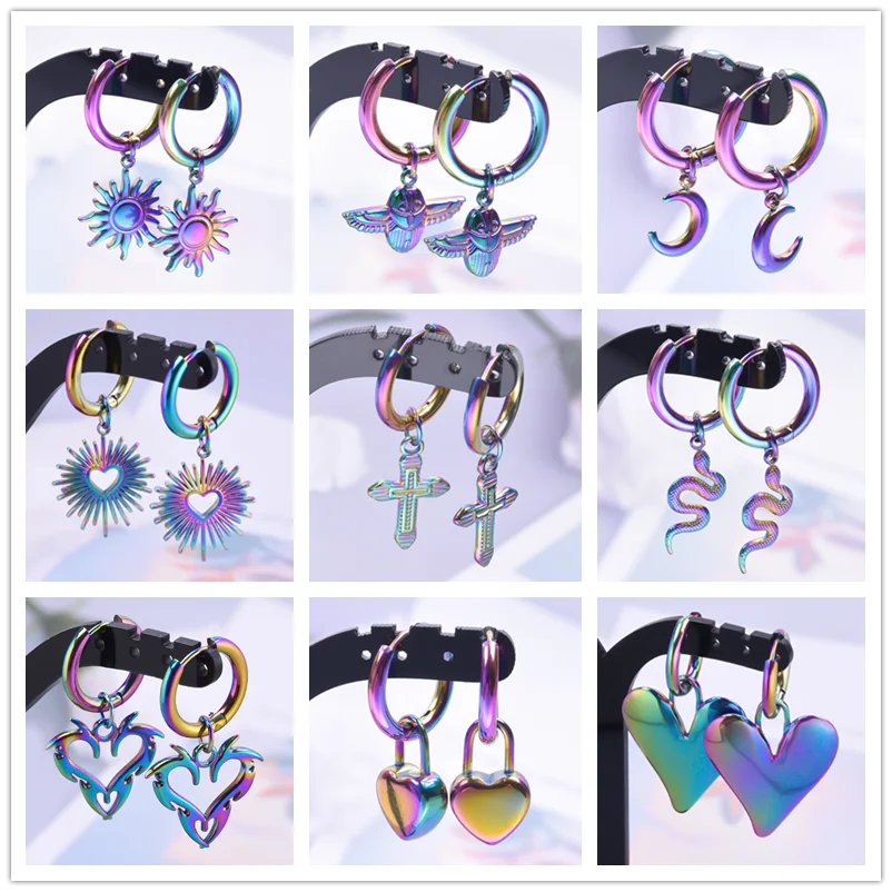 Rainbow Stainless Steel Earrings For Women/Men Vintage Jewelry Hoop Ear Piercing Heart Moon Charm Earring Pendientes Aretes Gift