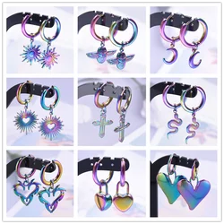 Rainbow Stainless Steel Earrings For Women/Men Vintage Jewelry Hoop Ear Piercing Heart Moon Charm Earring Pendientes Aretes Gift