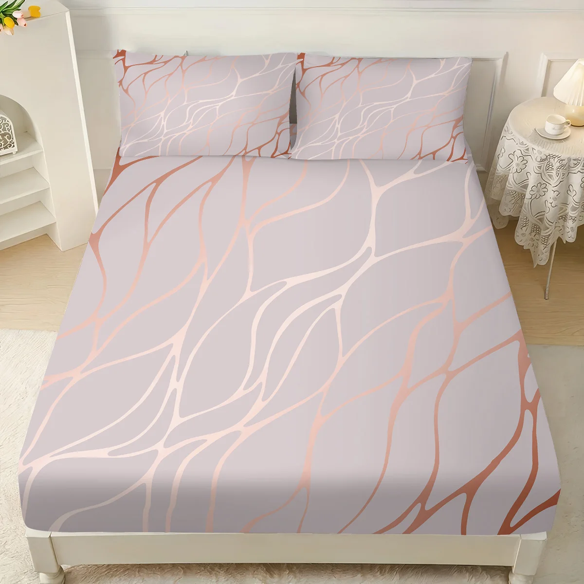 3pcs Gold Marble Textured Printed Coreless Bed Sheet Set, Multi Size Comfortable Bed Cover, Bedroom Bedding Decoration