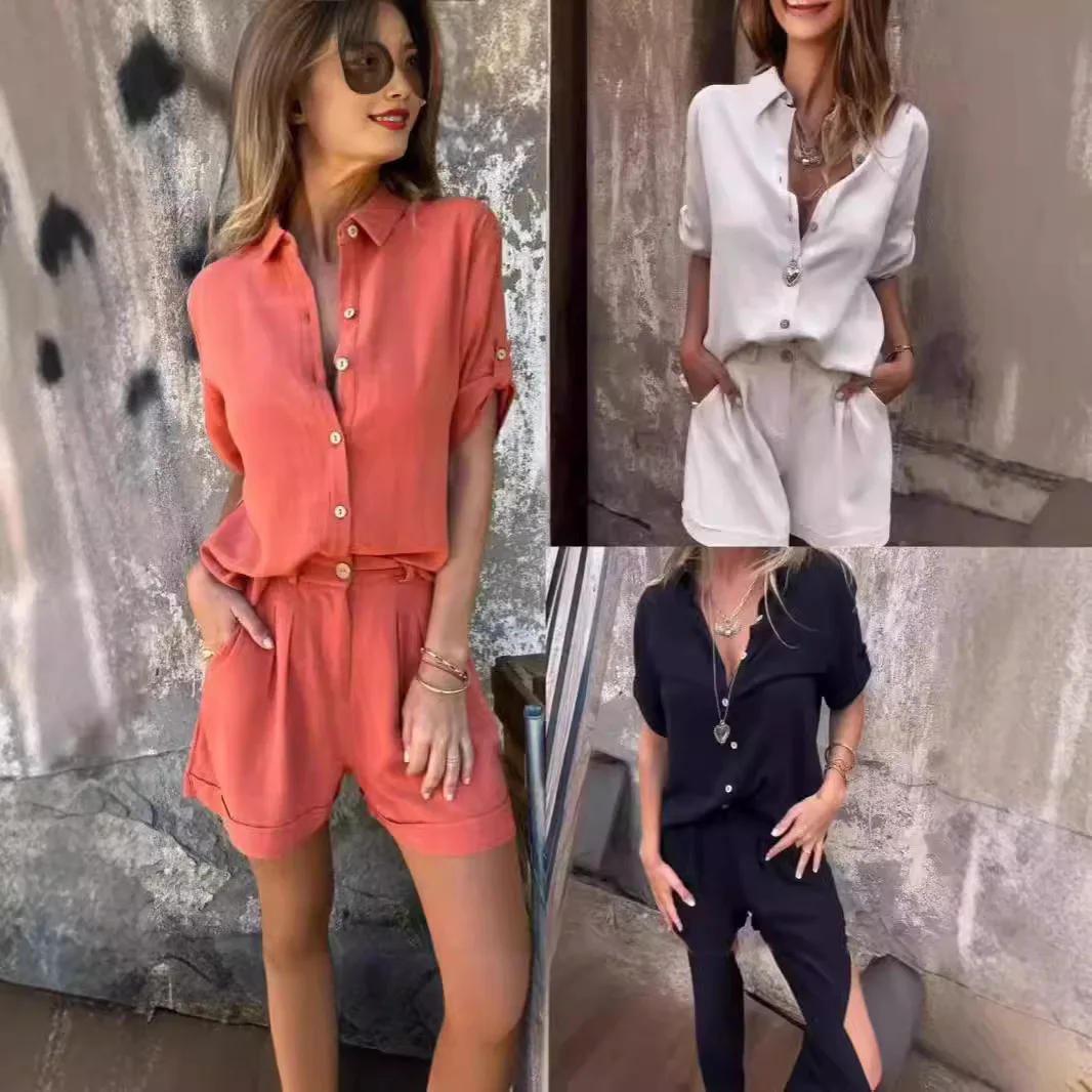 

2025 European American Spring and Summer New Cotton Linen Short-sleeved Shorts Casual Suit Women