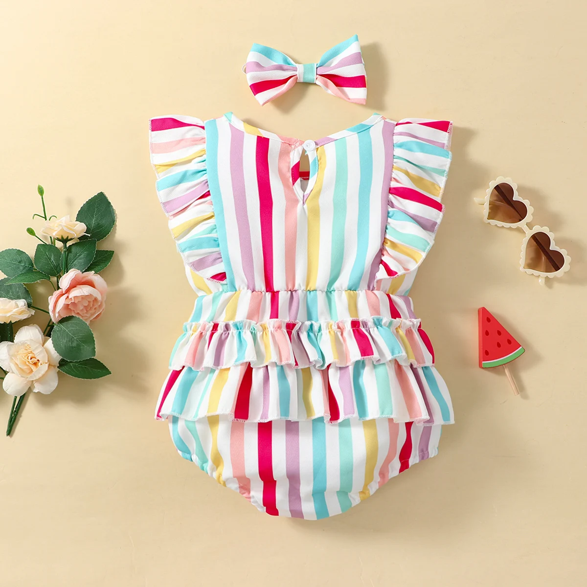 Cute Baby Girl Romper Colorful Stripes Lotus Leaf Hem Daily Wear Summer Beach Vacation Outfit for Infants