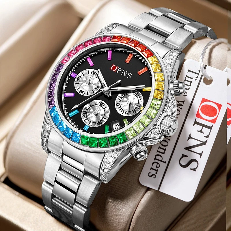 Watch* Rainbow Chronograph Six-Hand Single Calendar Quartz Watch Women's Fancy Diamond Waterproof Luminous Men's Watch