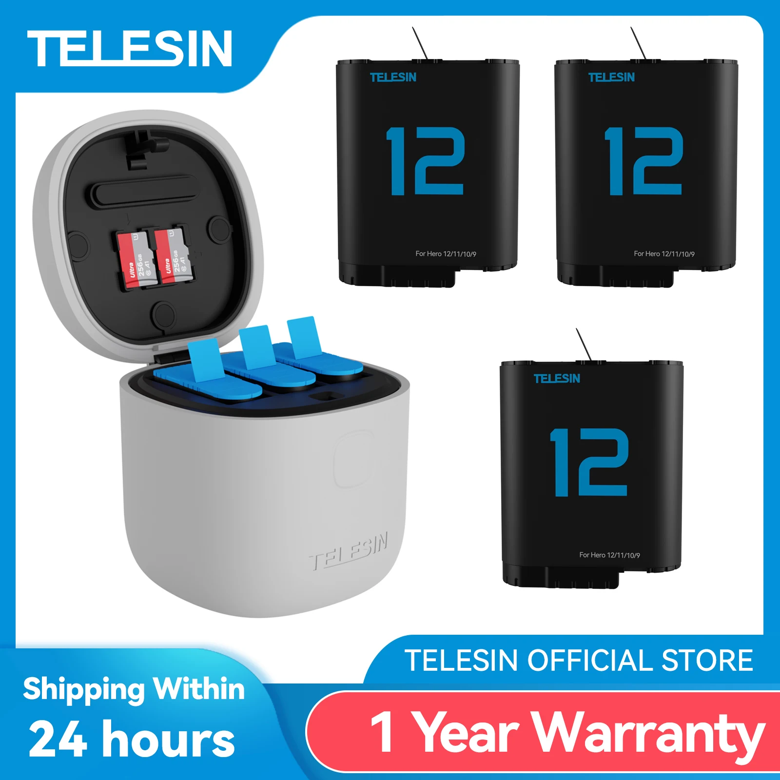 TELESIN 1750mAh Bateria do GoPro Hero 9 10 11 12 Bateria 3-gniazdowa Silikonowe, wodoodporne etui z funkcją ładowania i czytnikiem kart TF