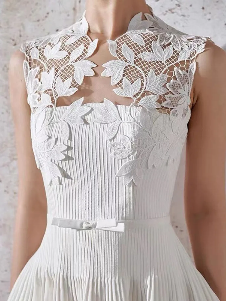 XIWEN Lace Patchwork Embroidery Sleeveless Solid Color Highwaist Elegant Chic Design Women\'s Dress 2024 Autumn New XF1957