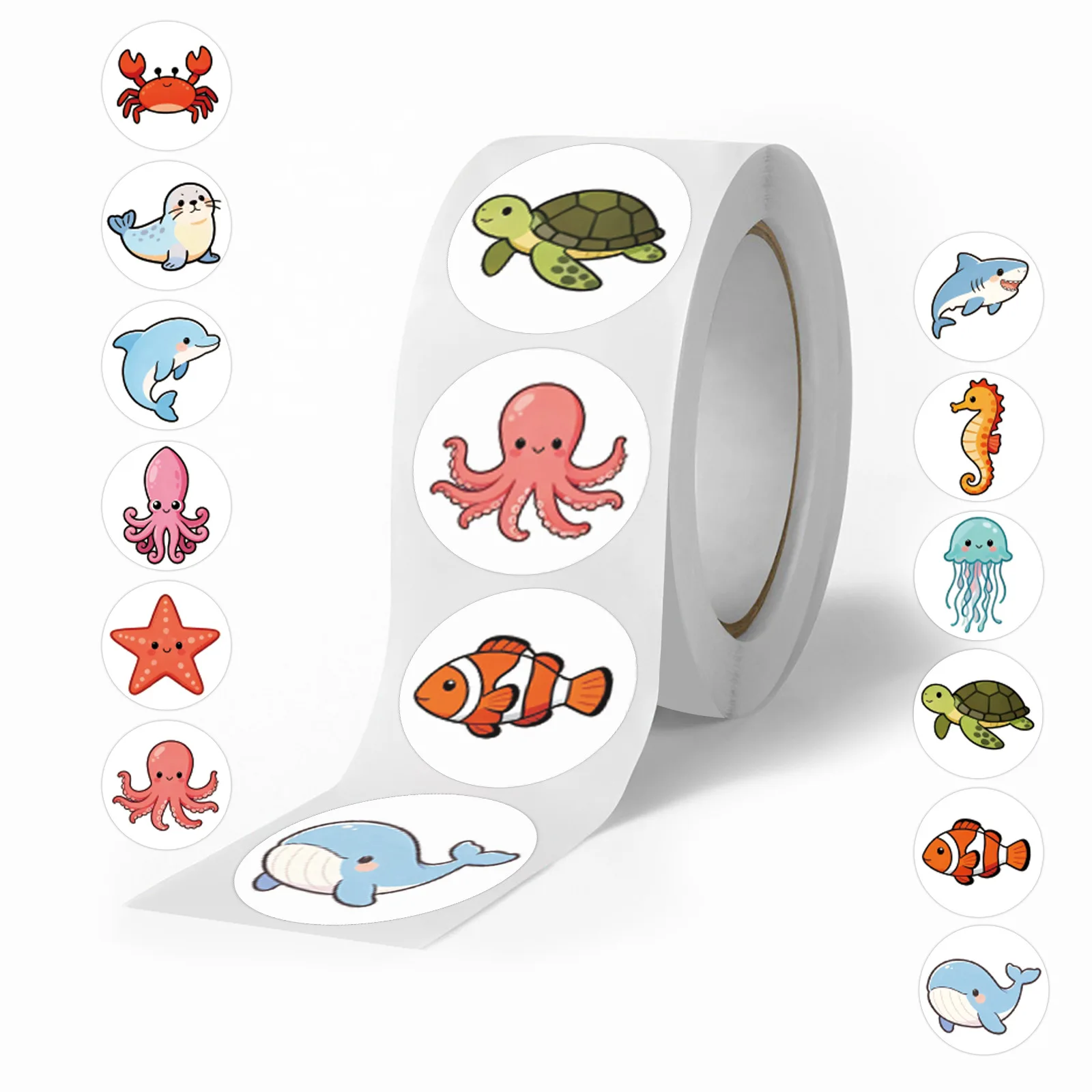 

500 шт. мультяшных наклеек с морскими животными в рулоне для скрапбукинга, дневников, канцелярских товаров, декора, поощрительные водонепроницаемые стикеры