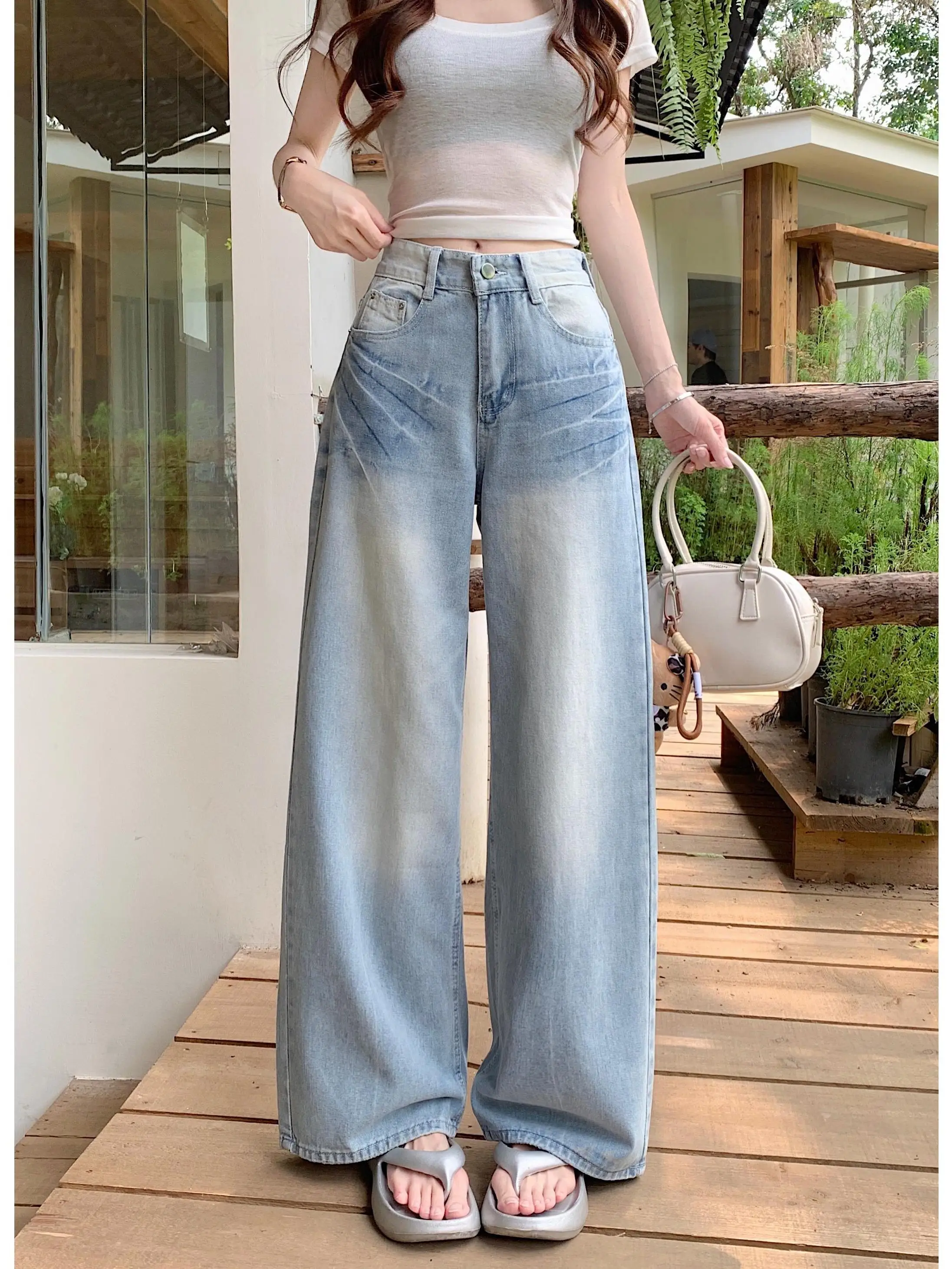 

Loose Wide Leg Denim Jeans Women's Summer New Style High Waist Straight Cut Blue Light Wash Whisker Casual Trousers